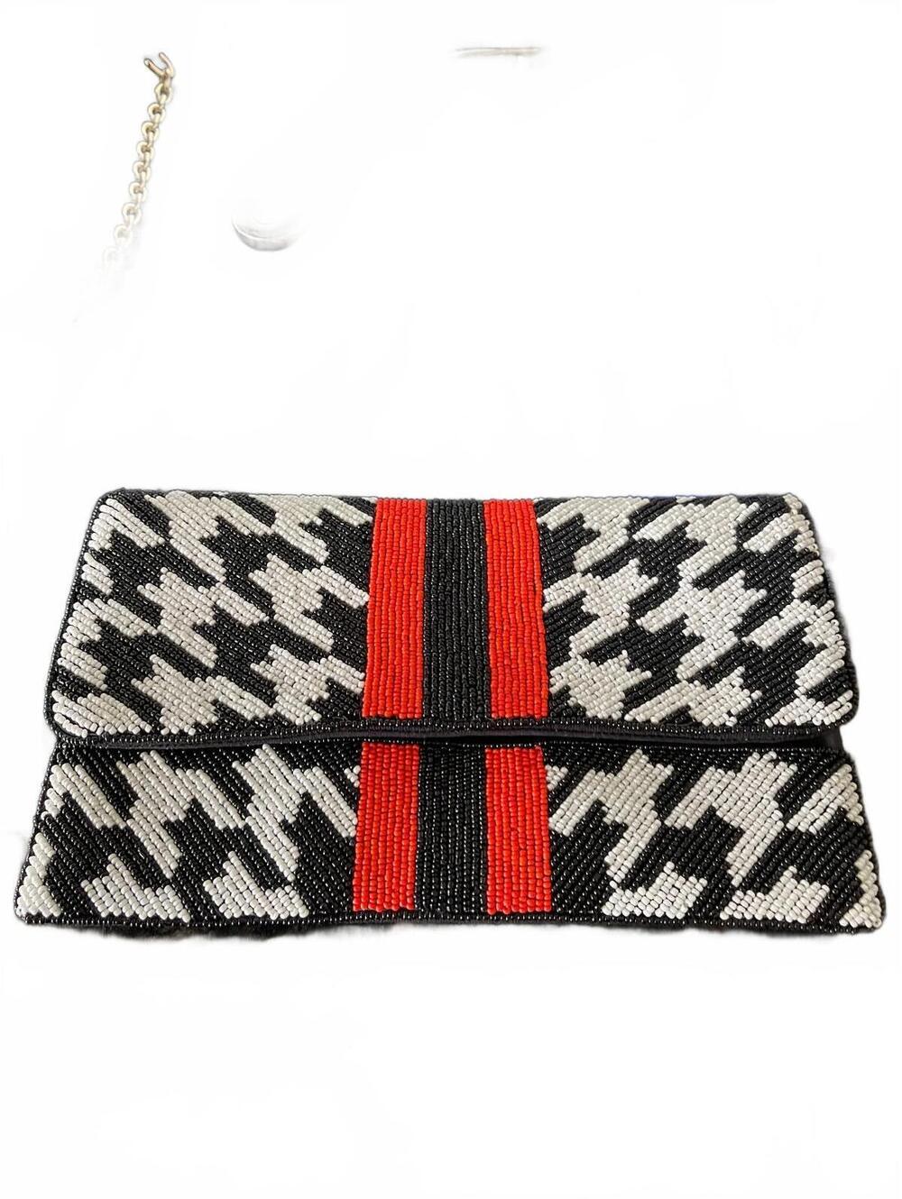 Hand Beaded Multi Color chevron stripes Foldover Clutch w Hidden chain Strap